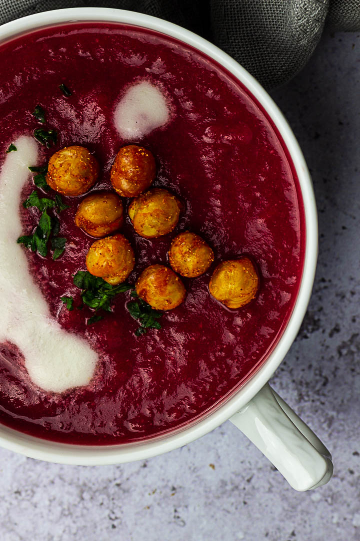 Vegan Ginger Cardamon Red Beet Soup for your next dinner or appetizer.