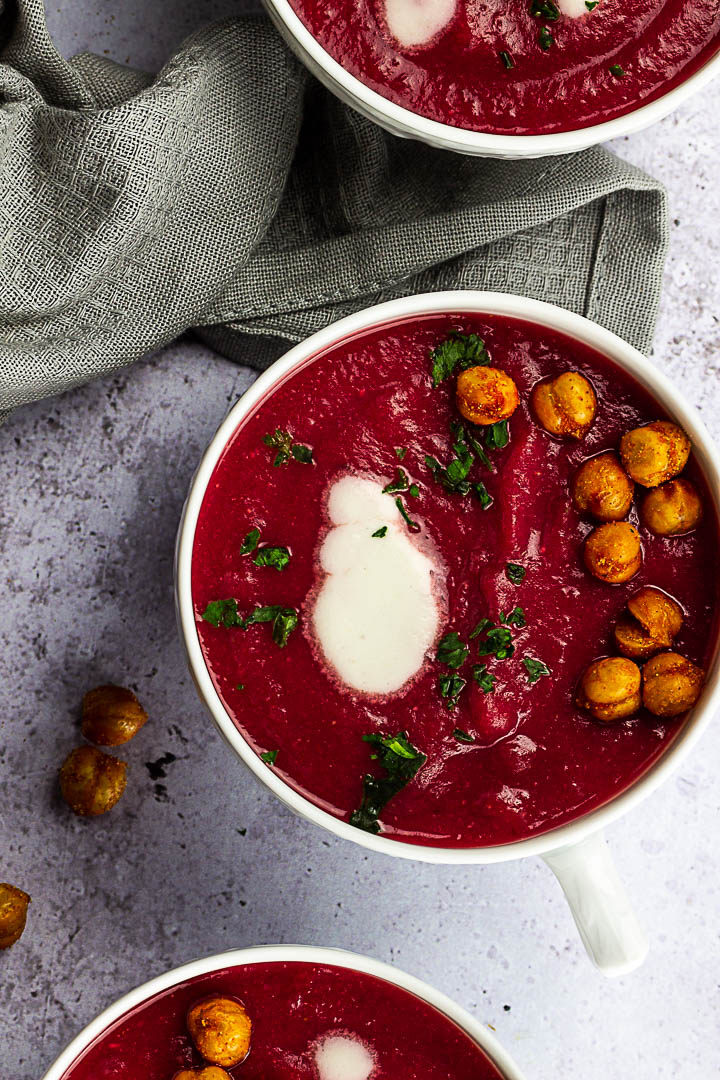 Vegan Ginger Cardamon Red Beet Soup for your next dinner or appetizer.