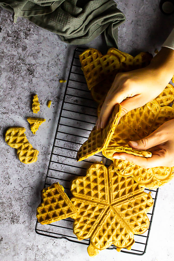 Vegan Whole Wheat Waffles on a rack. These are made without oil or butter.