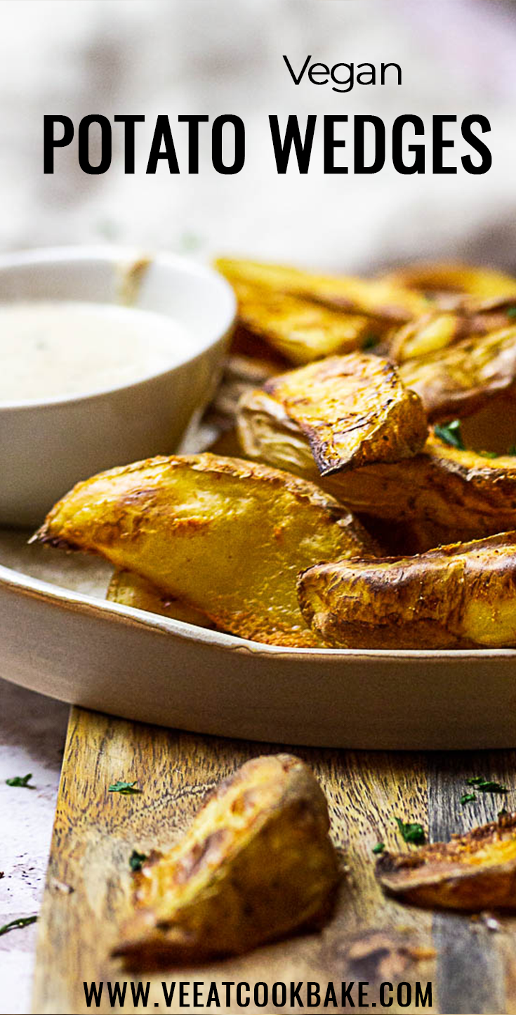 Homemade oven baked whole food plant-based potato wedges. These vegan french fries are made without oil and super quick baked.