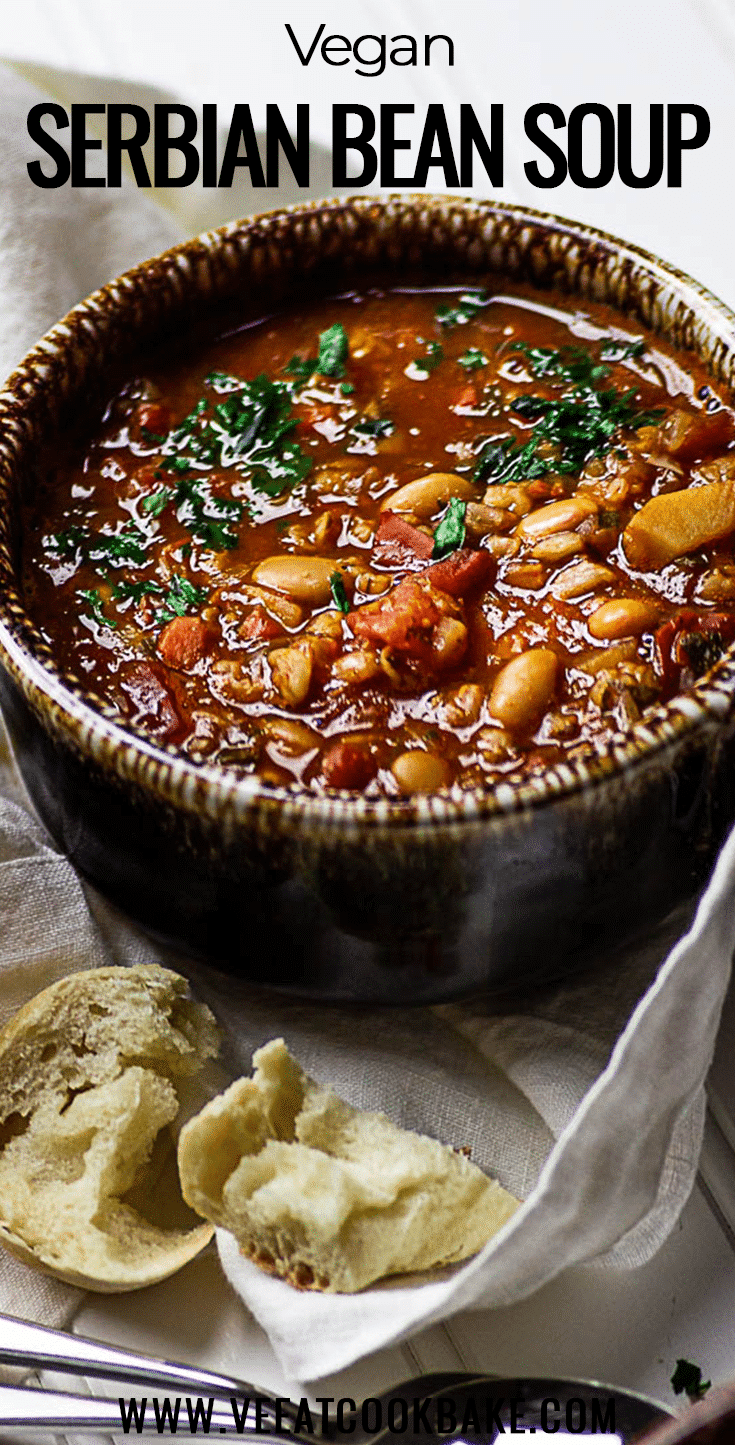 Vegan serbian white bean soup made with white northern beans, freekeh, diced tomatoes. (wfpb)