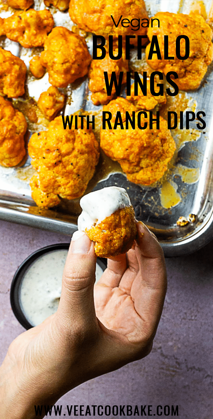 Vegan Buffola wings made with cauliflower. This authentic buffalo sauce fits perfect to cauliflowers and a vegan ranch dip (wfpb)