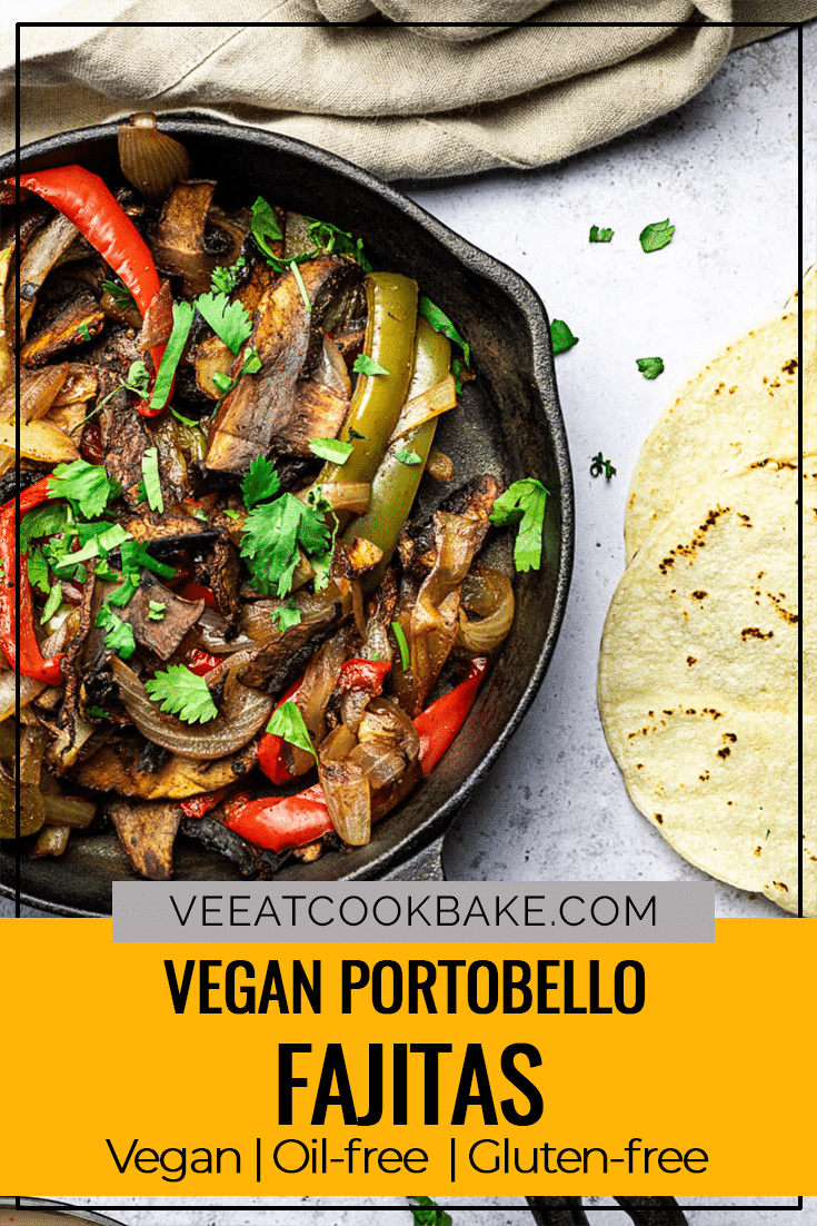 Vegan Sheet Pan Fajitas with Portobello Mushrooms, Bell Peppers, Onions served in a skillet pan with tortillas, salsa and guacamole