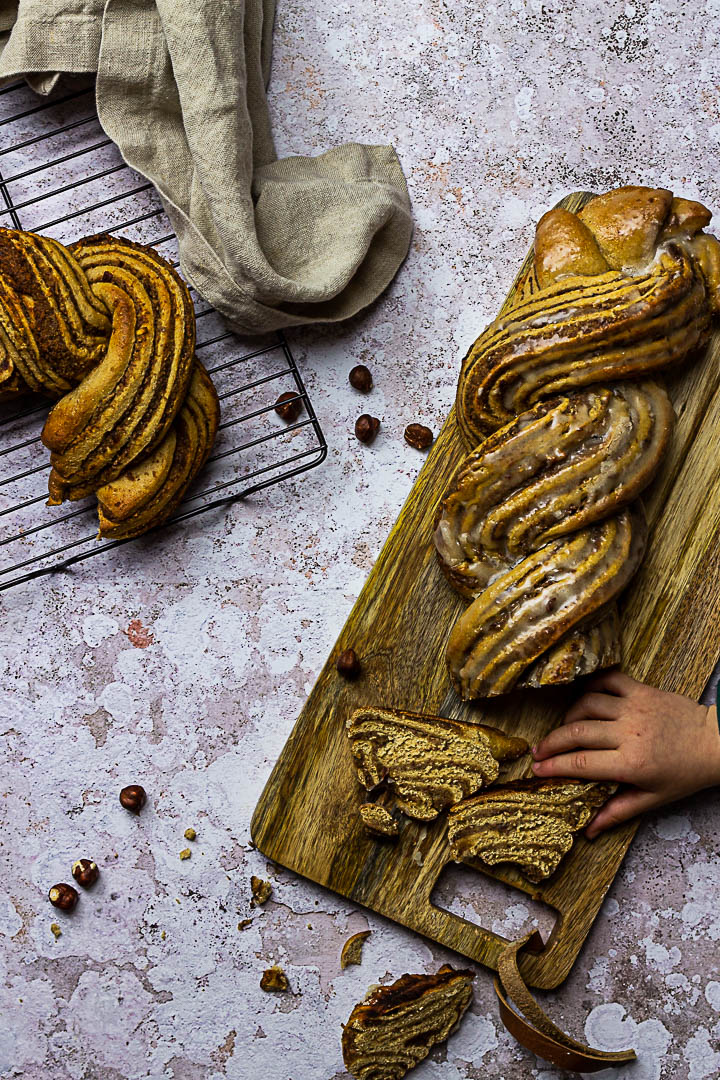Vegan Nut Babka is a german braided nut bread, a whole wheat yeast dough filled with a sugar-free hazelnut filling. (wfpb)