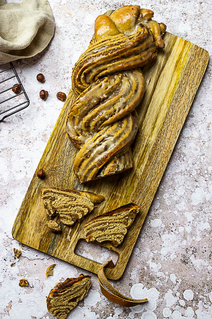 Vegan Nut Babka is a german braided nut bread, a whole wheat yeast dough filled with a sugar-free hazelnut filling. (wfpb)