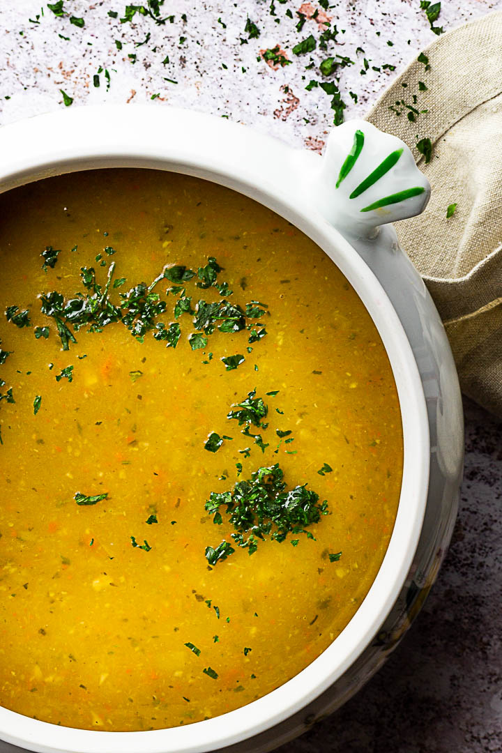 Vegan Potato Soup made with a few ingredients like potatoes, carrots, leek, celery root.