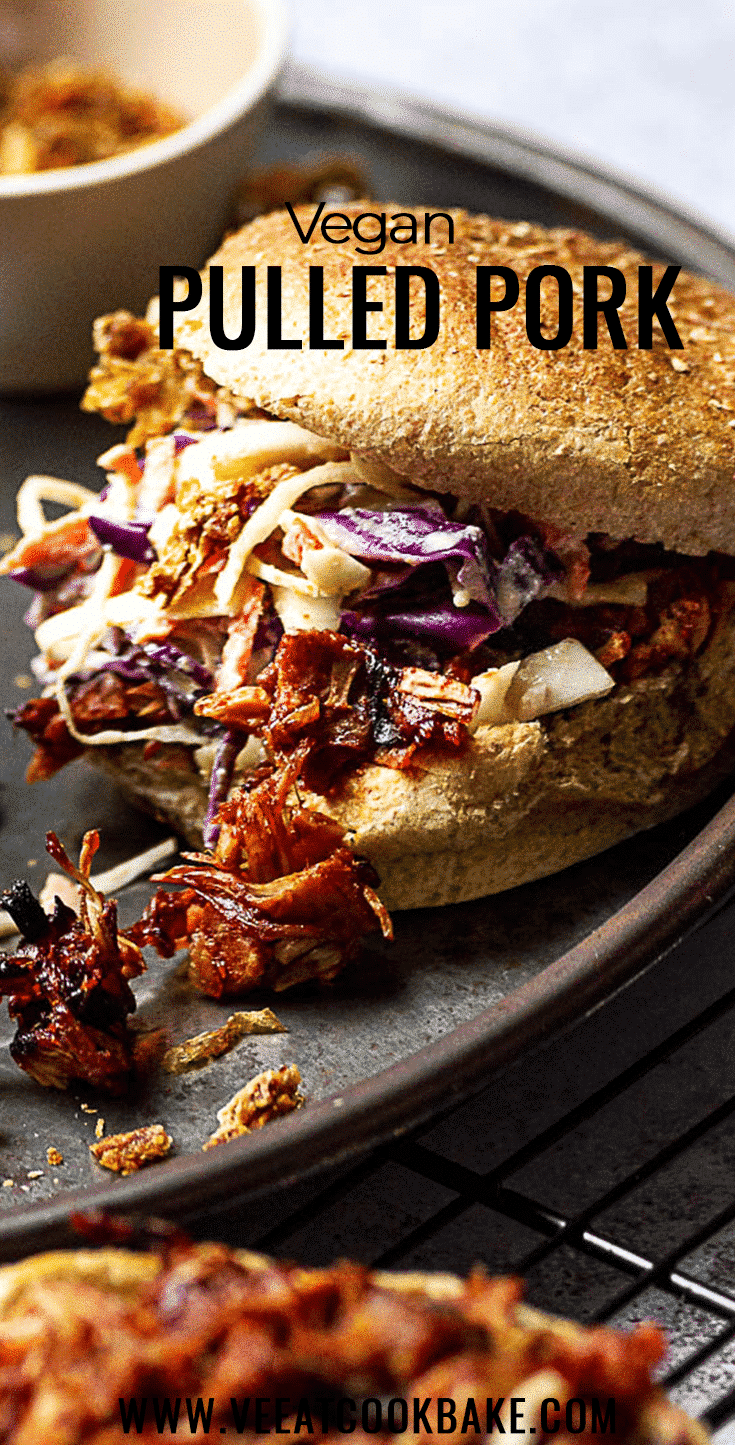 Vegan Pulled Pork made with Jackfruit, BBQ Sauce topped with Coleslaw and homemade oil-free french fried onions