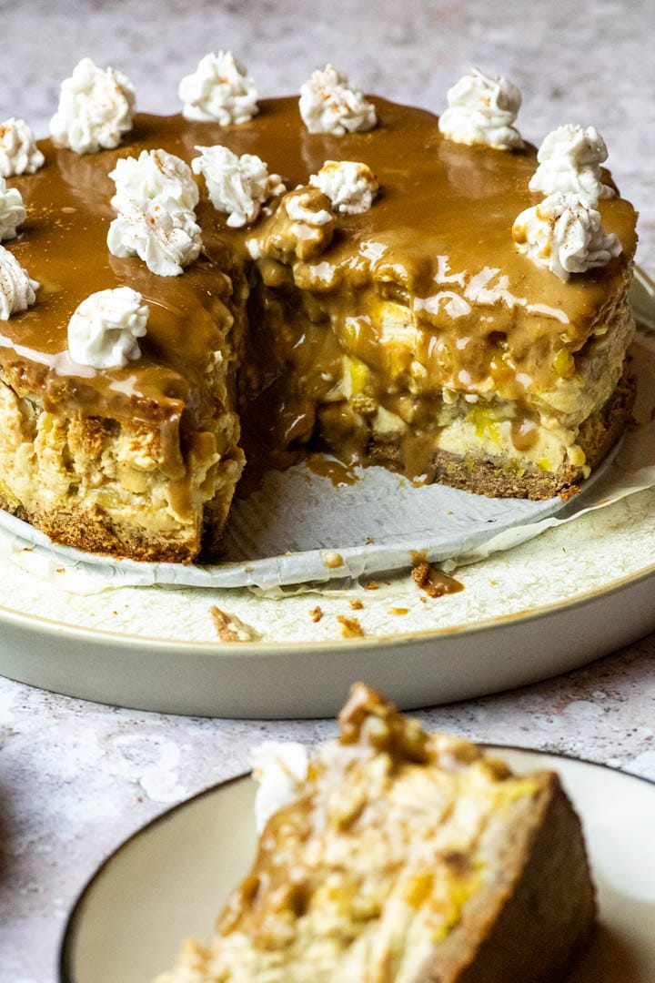 Recipe for a vegan wfpb apple caramel cheesecake