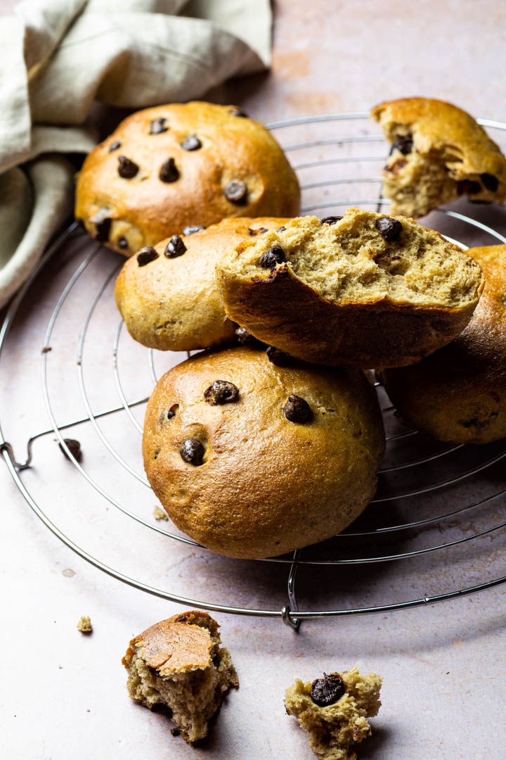 Fluffy soft vegan whole wheat chocolate brioche buns. (wfpb)