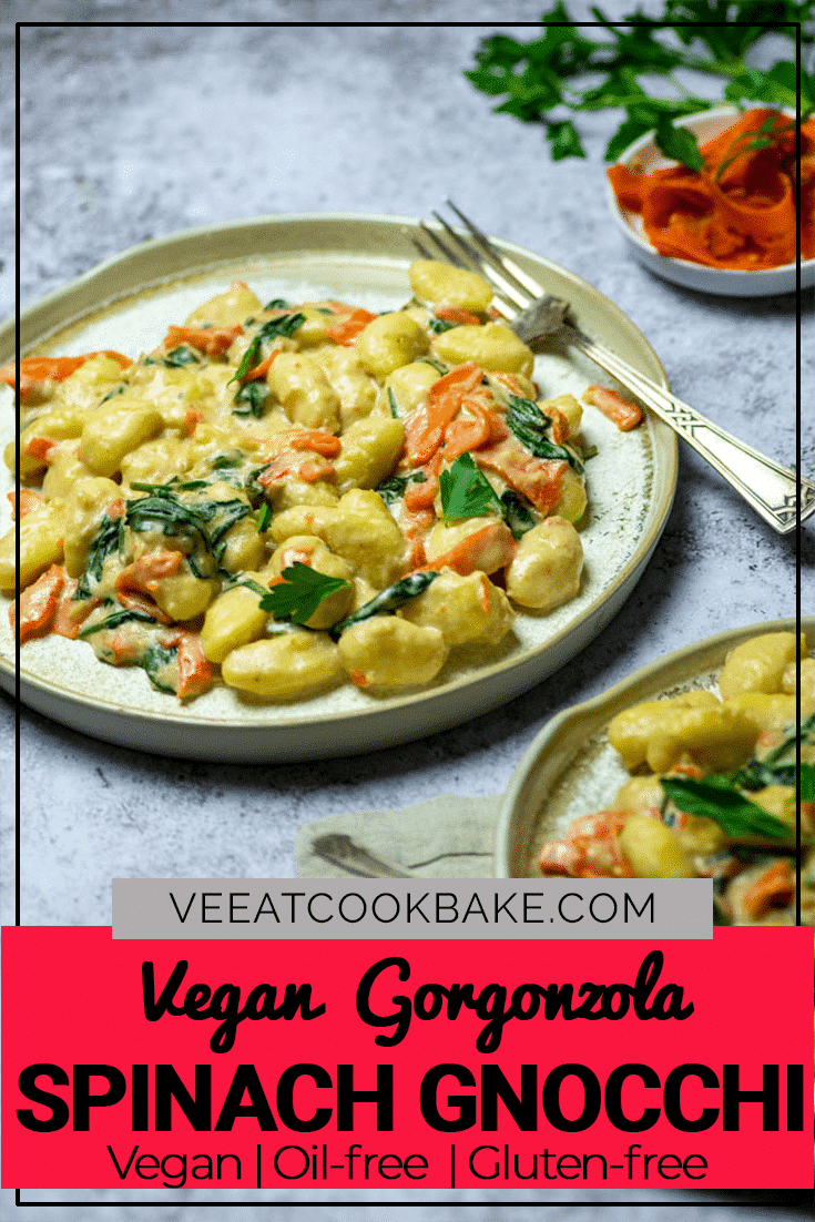 Vegan Wfpb Gorgonzola Gnocchi with spinach and vegan smoked carrot salmon. Tangy Flavorful cream sauce made with natural ingredients for a healthy dinner. (vegetarian)