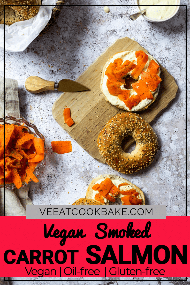 Vegan smoked salmon made with carrots. Wfpb carrot lox on a bagel with homemade oil-free horseradish dip