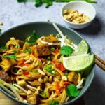 Vegan WFPB Tofu Pad Thai made without oil. Made with sprouts, carrots, baked tofu (vegetarian)