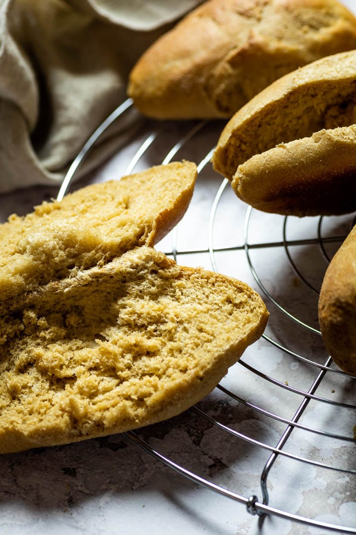 Homemade vegan whole wheat hot dog buns. Perfect for sandwiches, hot dogs or burgers. 100% whole wheat.