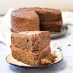 Vegan Chocolate Cake with a fork on the plate. And in the background the whole cake.