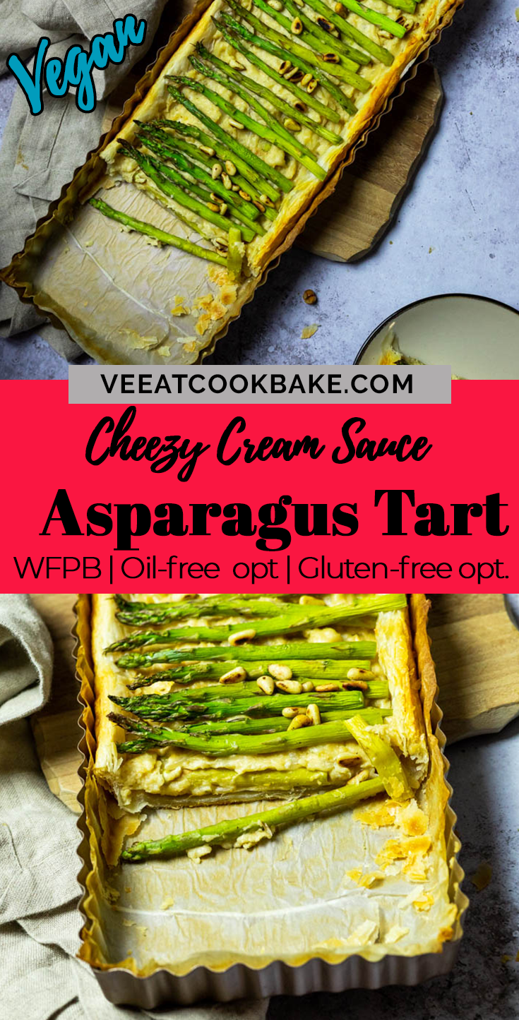 Graphic with two photos of the vegan asparagus tart with a text layover in the middle.