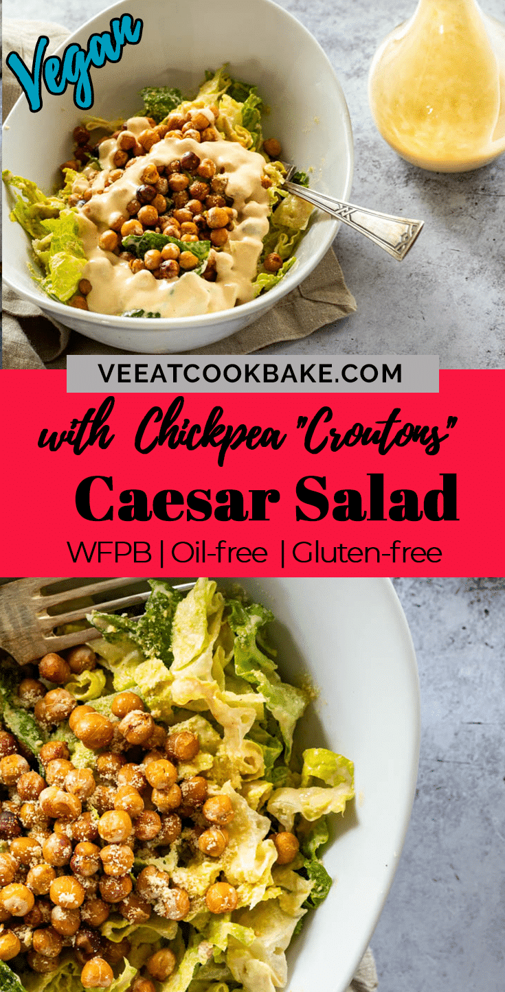 Graphic of the vegan caesar salad with two photos and a text layover in the middle