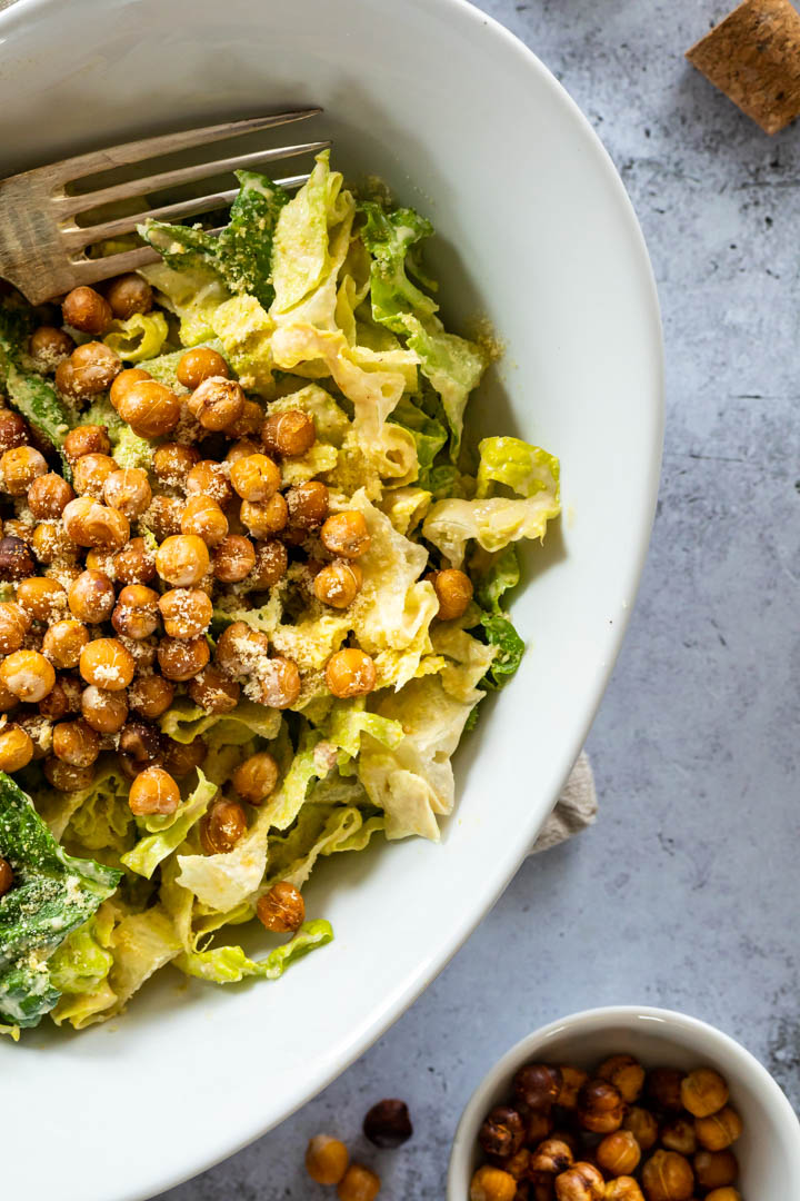 Close up of the vegan caesar salad in a bowl