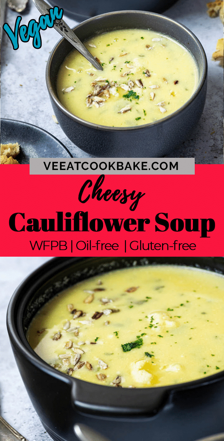 Graphic for pinterest of the vegan cauliflower soup with two photos of the soup and text layover in the middle of the graphic.