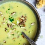 close up of the bowl with cauliflower soup.