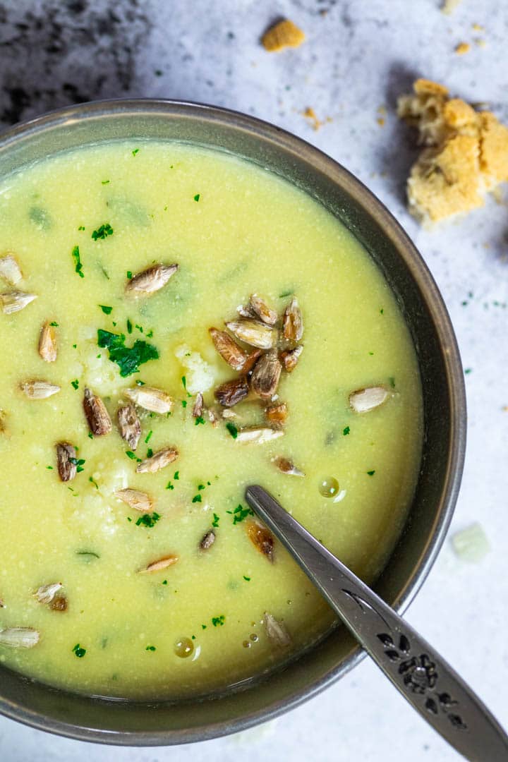 close up of the bowl with cauliflower soup.