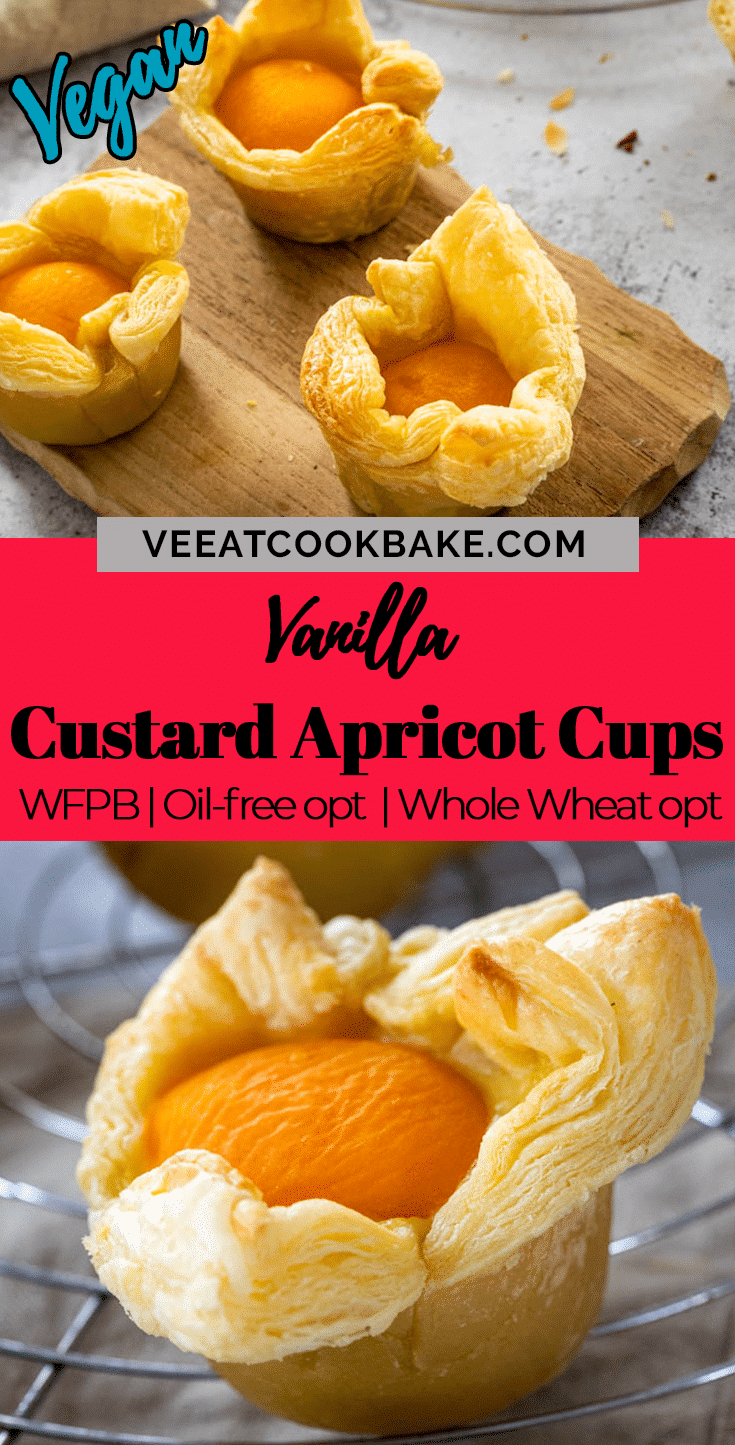 Graphic with 2 photos of the vegan custard apricot cups and a text layer in the middle