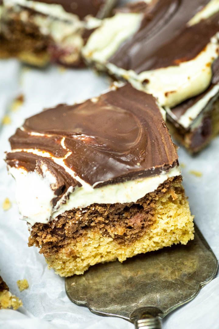 Close up of one vegan custard cherry chocolate cake (Donauwelle)