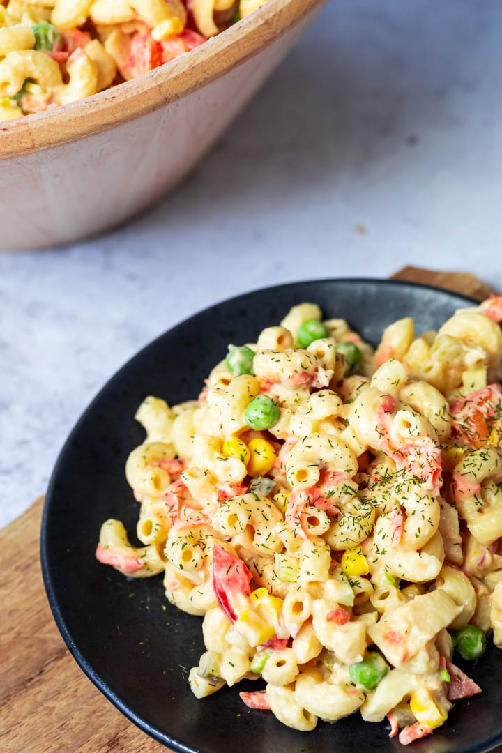 Close up of this vegan macaroni pasta salad.