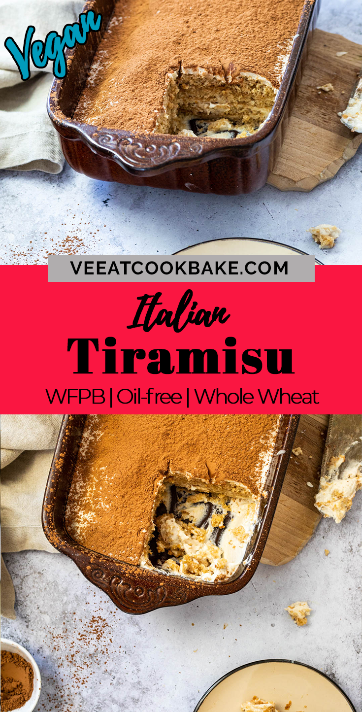 Graphic of two photos of vegan tiramisu with a text layover in the middle