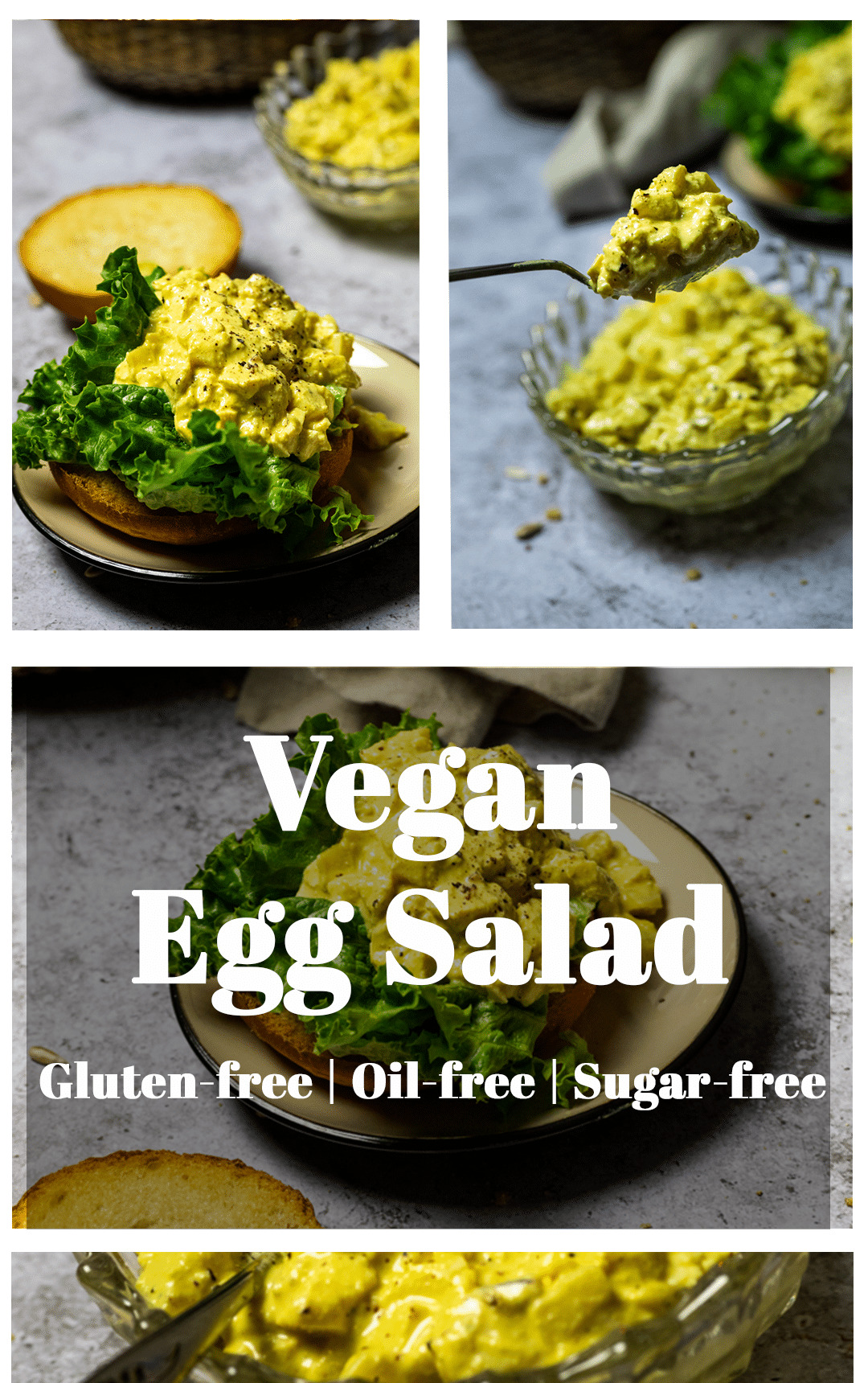 Graphic of vegan egg salad with text layover