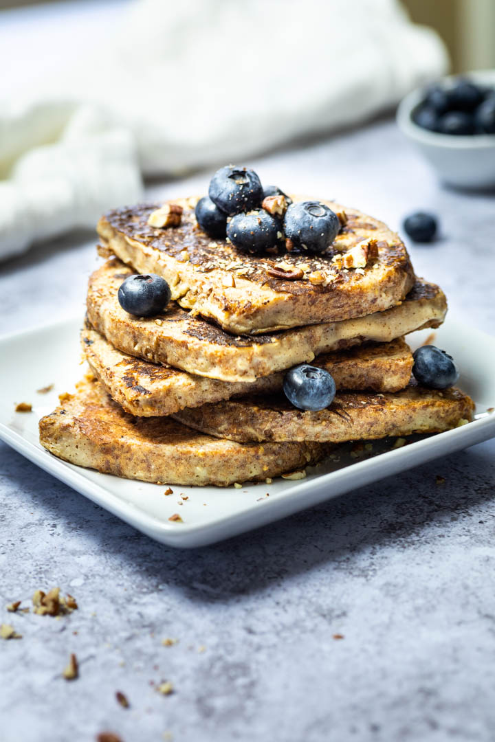 Stack of vegan French Toast with blueberries