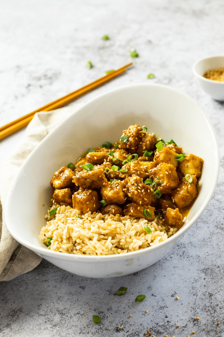 Vegan Orange Tofu with Brown Rice