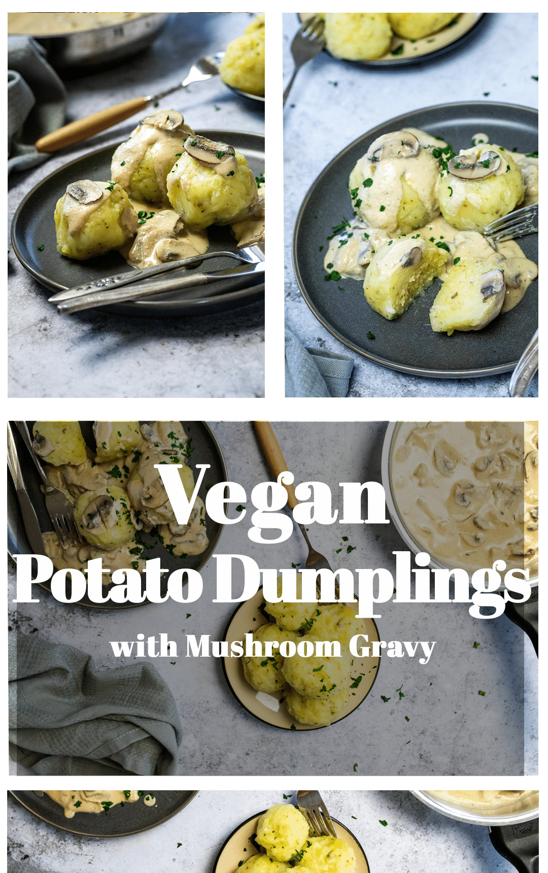 Graphic of vegan potato dumplings with cream mushroom sauce