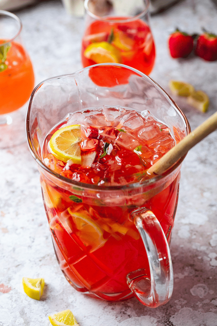 Pitcher full of Strawberry Basil Lemonade