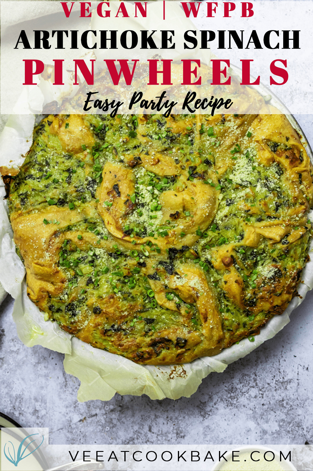 Graphic for vegan artichoke spinach pinwheels with text layover