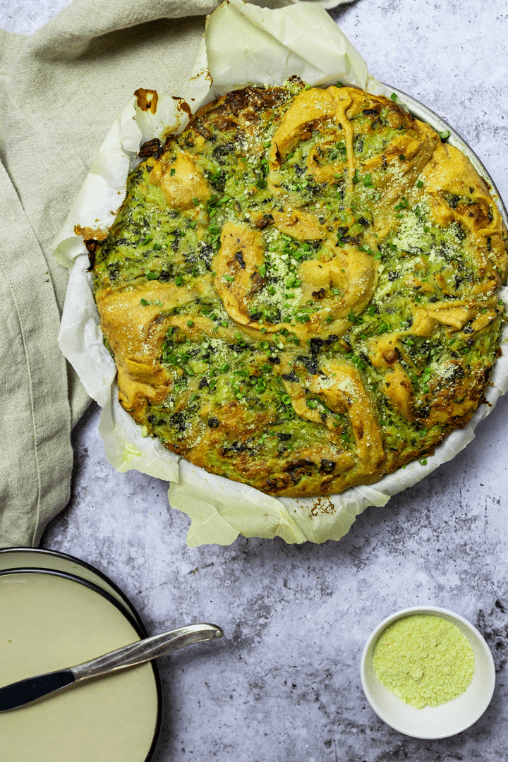 Pan with vegan artichoke spinach pinwheels