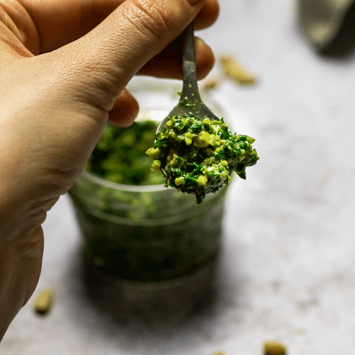 Vegan Oil-free Basil Pesto on a spoon.