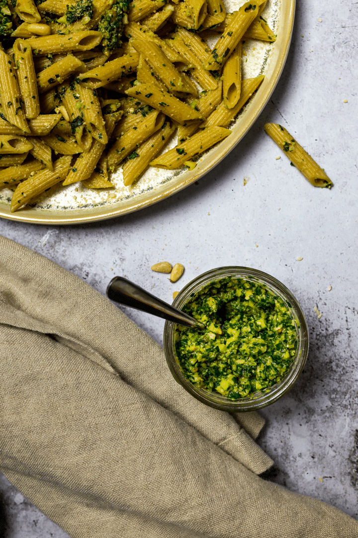 Vegan Pesto Pasta with a vegan basil pesto jar