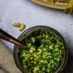 Close up of a jar with vegan oil-free pesto