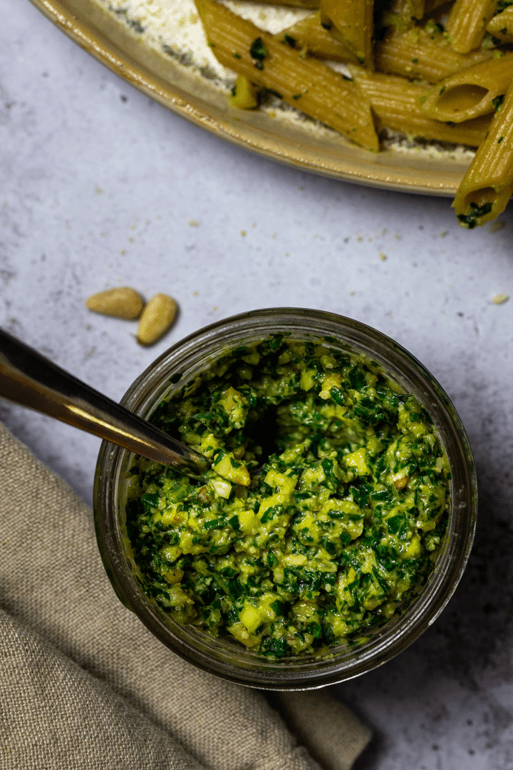 Close up of a jar with vegan oil-free pesto