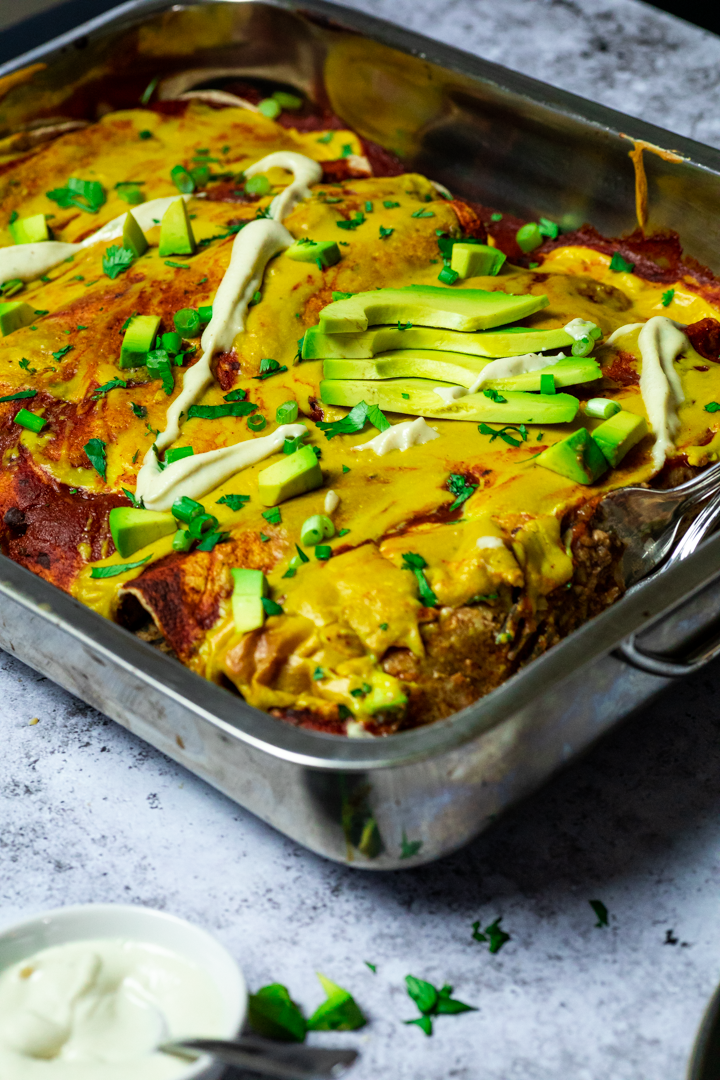 Vegan Enchiladas in a Casserole pan