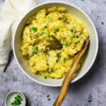 Bird View of vegan creamy Potato Salad with a serving spoon