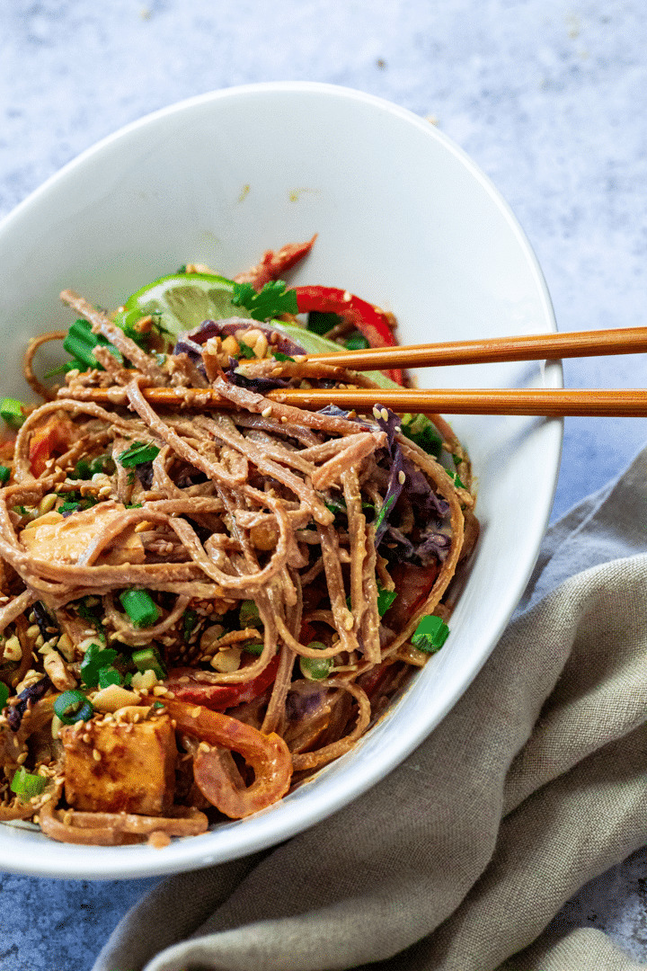 Wfpb vegan Thai Peanut Noodles with asian sticks