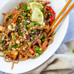 Bird view of vegan thai peanut noodles