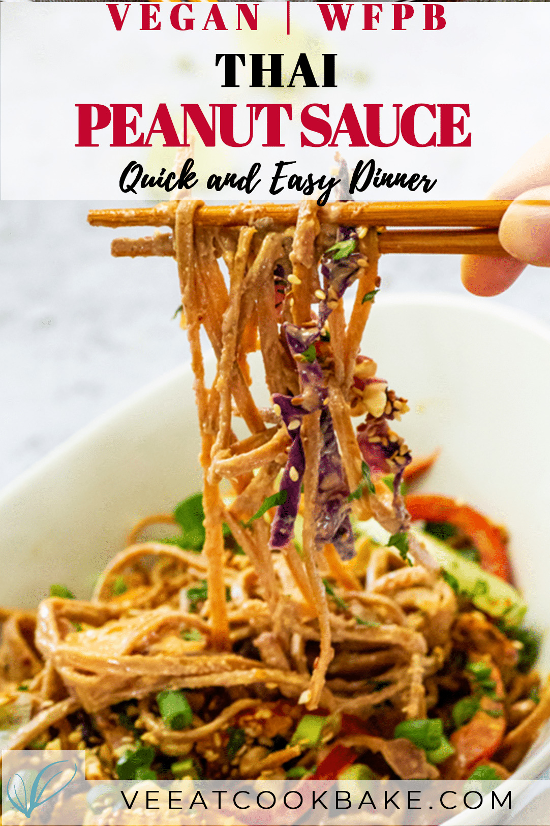 Vegan Thai Peanut Noodles in a bowl with some on asian sticks.