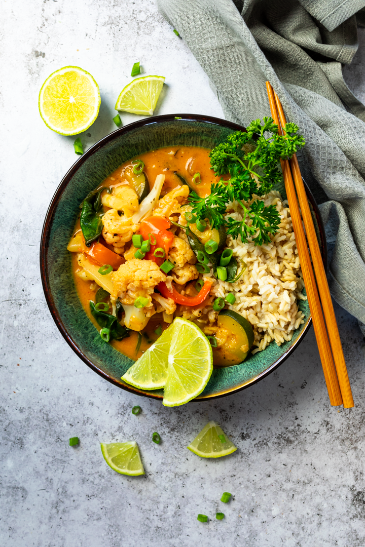 Bird view of a vegan thai red curry