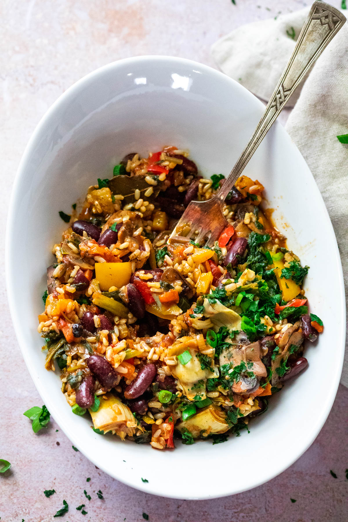 Vegan Veggie Jambalaya served in a bowl