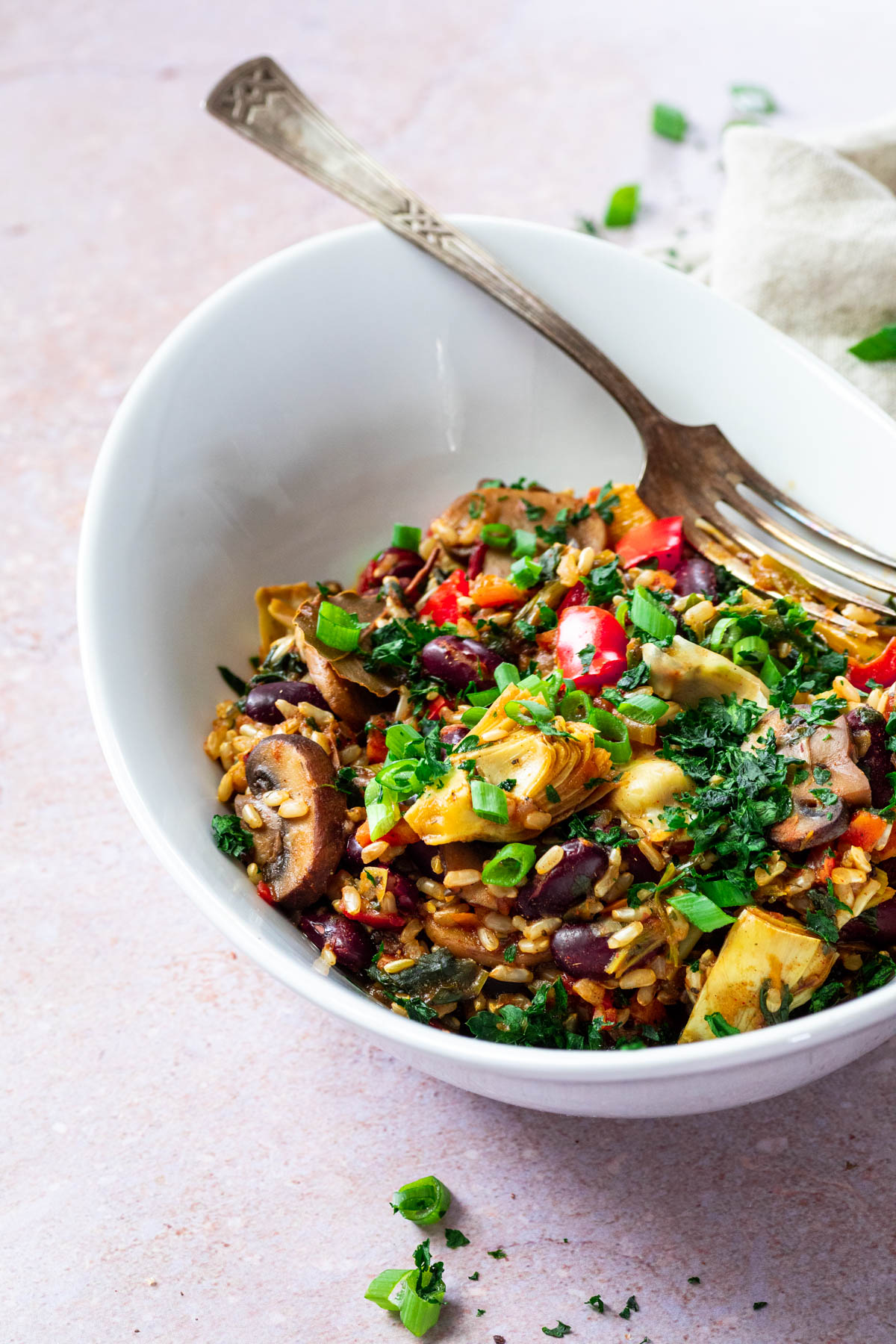 Jambalaya in a bowl with a fork