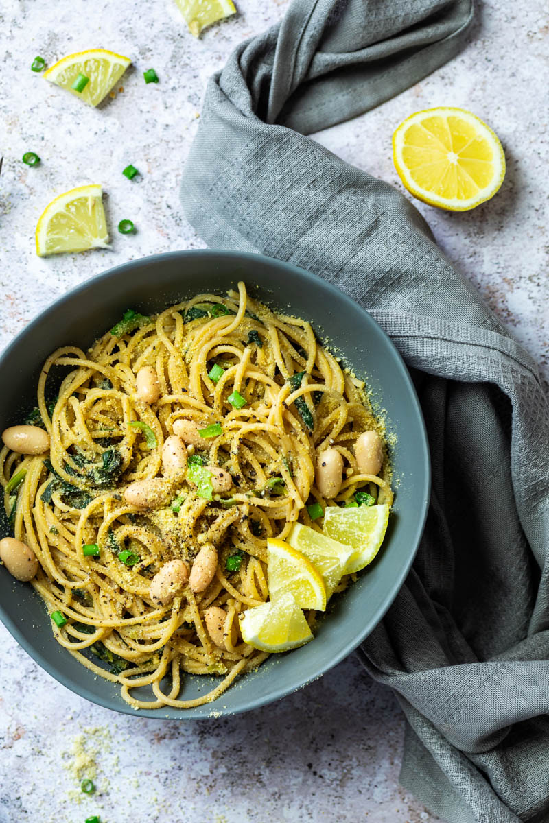 Closer view of the bowl with pasta with lemon sauce