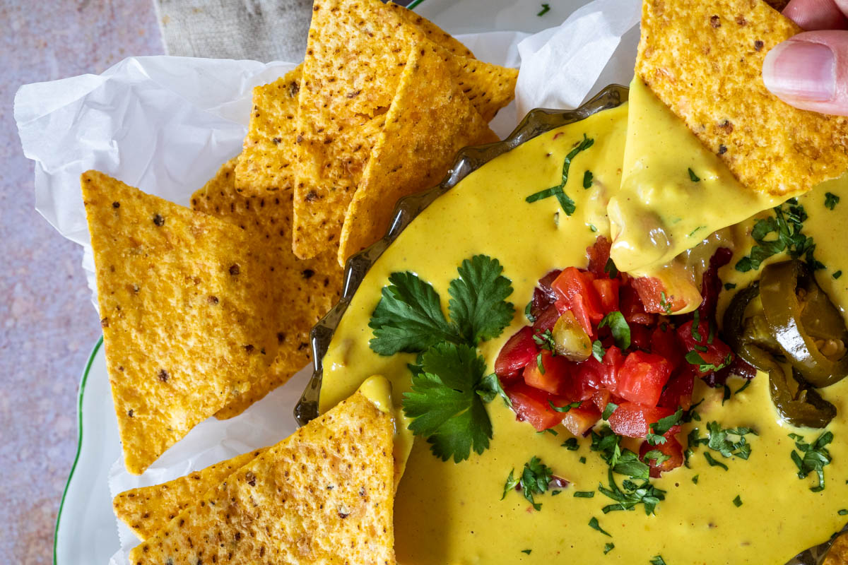 Close up of the vegan queso dip