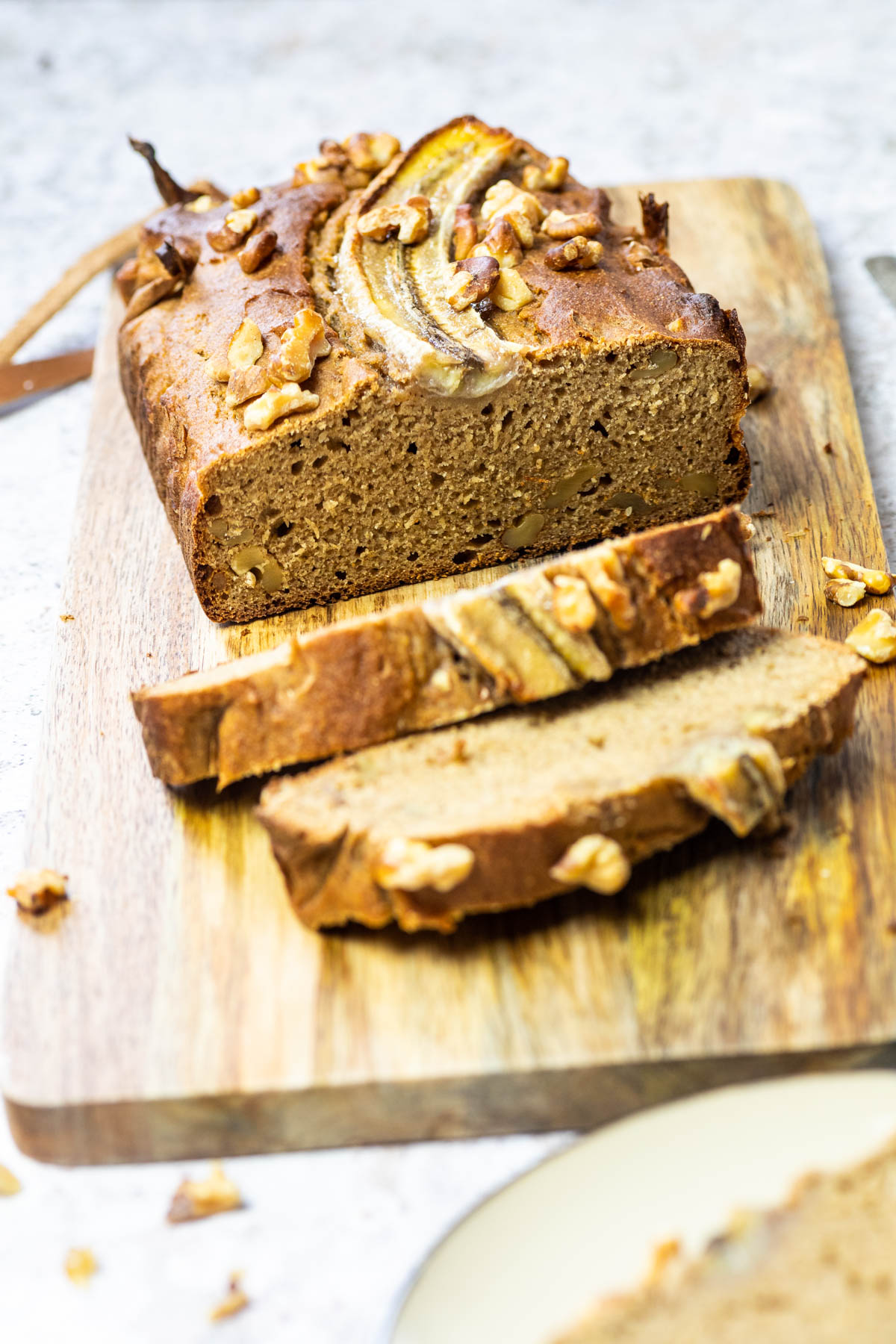 Vegan Whole food plant-based banana bread with the cutted side in focus